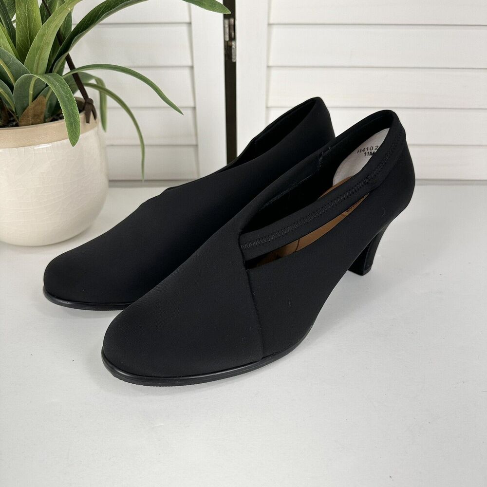 Ros Hommerson Black Satin Stretch Pumps Strap Cutout Comfort Shoes Size 11 M